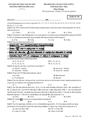 Đề 1 kiểm tra chất lượng lớp 12 năm học 2015 - 2016 môn Hóa học - Trường THpT Thanh Oai 2